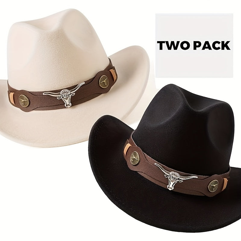 [2-Pack Western Cowboy Hats] 2-Pack Stylish Western Cowboy Hats, Beige & Brown, Unisex Polyester Felt Hats | Wide Brim Hat, Faux Leather & Bull Head Belt, Perfect for Western Themed Events, Costume Parties, and Outdoor Advent