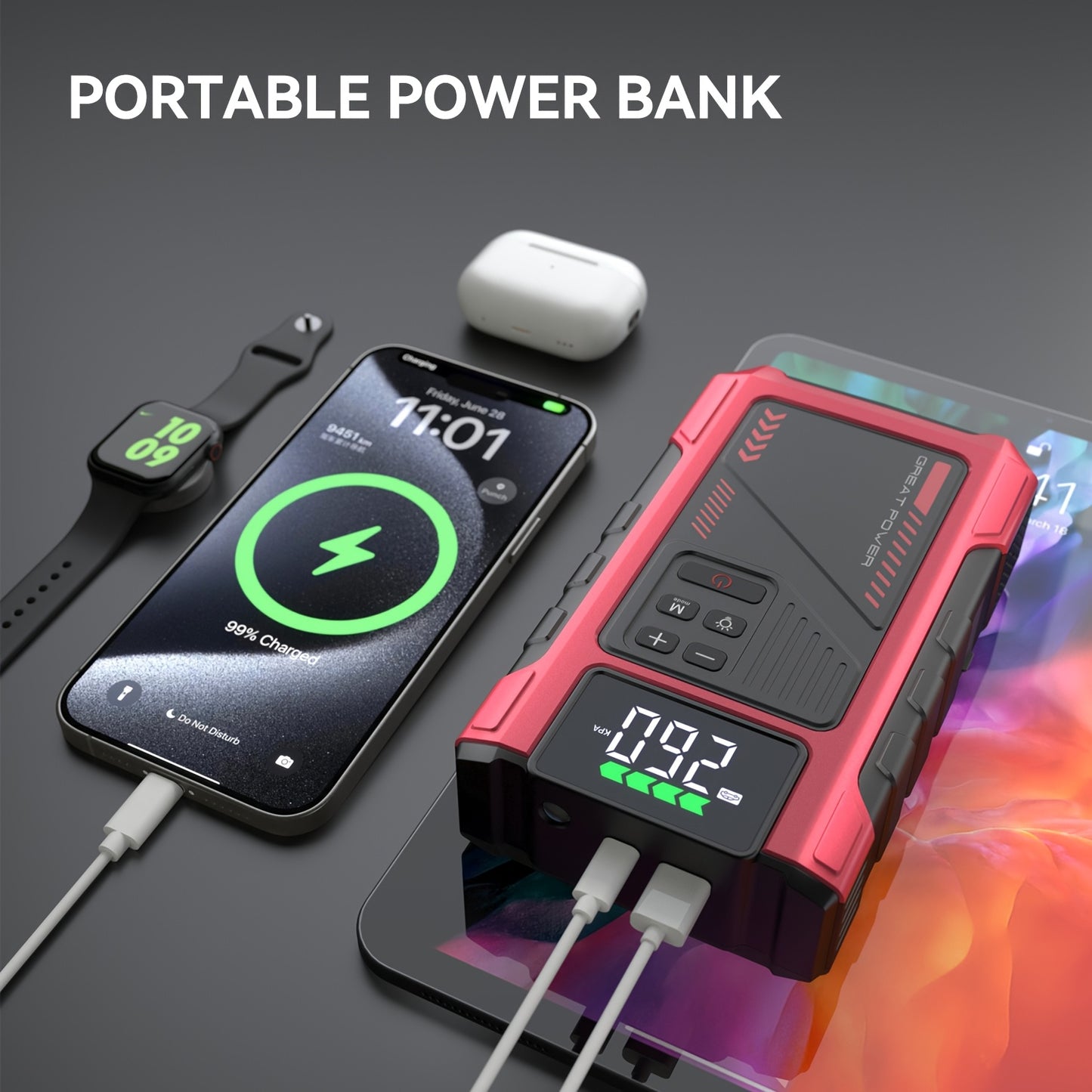 Portable Car Air Compressor & Jump Starter with LED Emergency Light, 3000A Peak Power, 12V for Gas/Diesel Engines, USB Input/Output, Digital Tire Inflator, Red, Insulated Material, Fast Charging, Car Accessories Tools, Vehicl