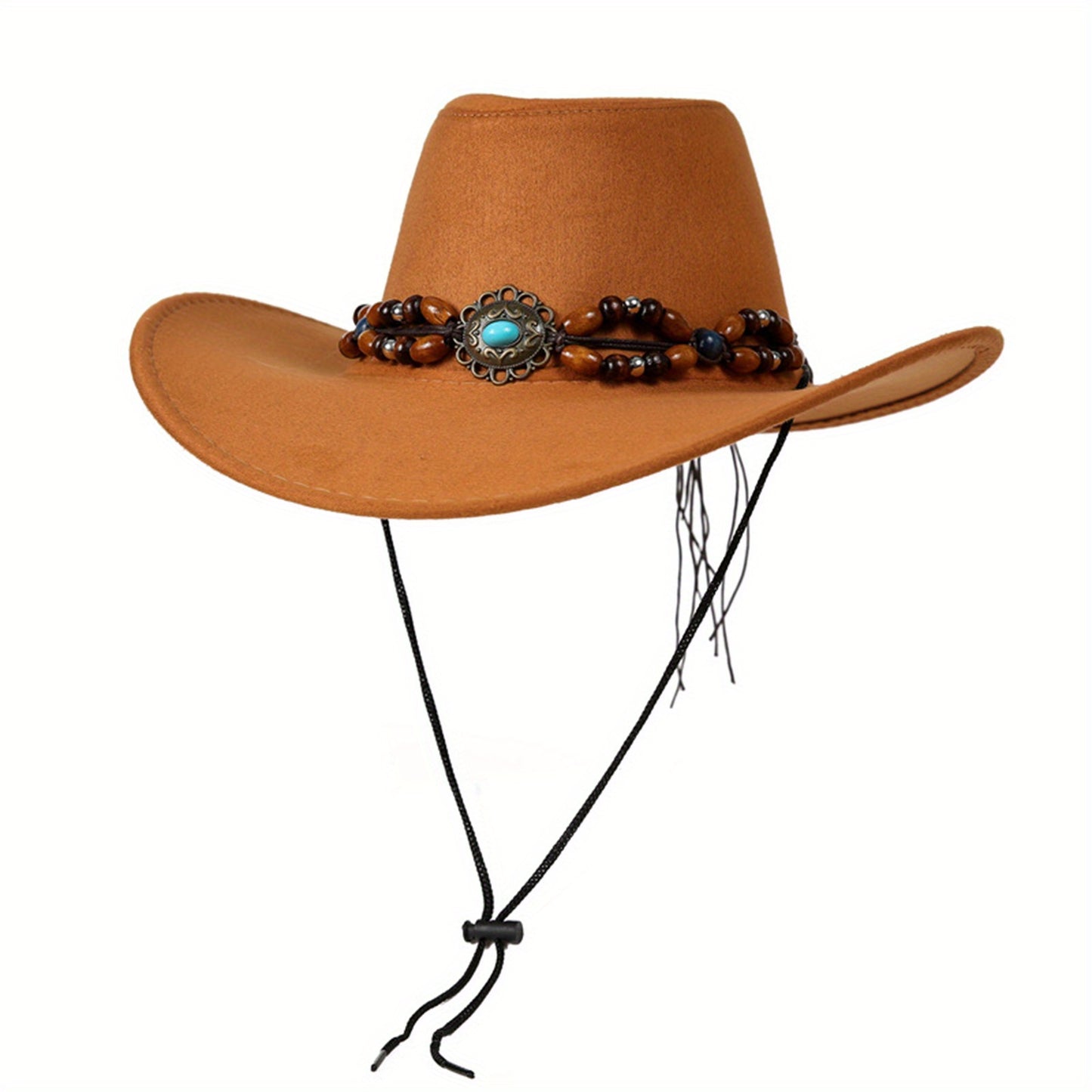 Women Men Vintage Western Hat Wide Brim Cowgirl Cap with Gem Beaded Belt Trendy Sun Hat for Outdoor Party