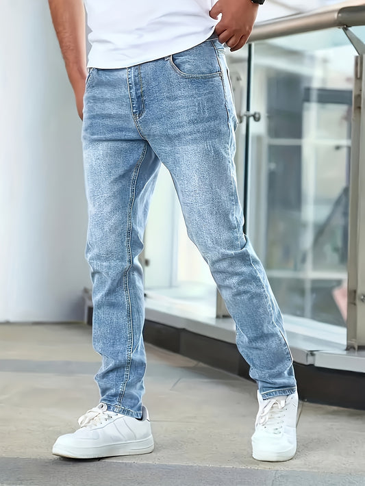Men'S Jeans Slim Blue Stretch Men'S Simple Casual Small Straight Business Men'S Pants, Suitable For All Seasons