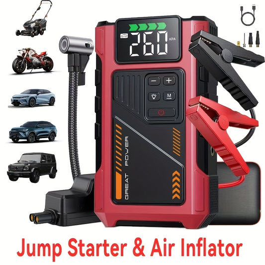 Portable Car Air Compressor & Jump Starter with LED Emergency Light, 3000A Peak Power, 12V for Gas/Diesel Engines, USB Input/Output, Digital Tire Inflator, Red, Insulated Material, Fast Charging, Car Accessories Tools, Vehicl