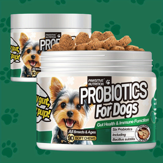 90 Soft Chew Probiotic Digestive Supplement for Dogs - Chicken Flavor, All Breeds & Sizes, Immune Support & Gut Health, Easy to Use with Free Dropper, Dog Probiotic Supplement, Pet Wellness Supplement, Vibrant Label Design, D