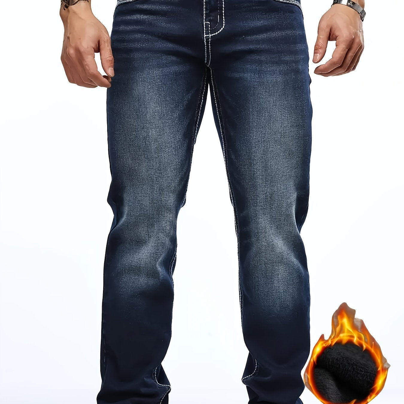 HME Men's Heavy-Duty Winter Jeans - Thickened Fleece-Lined Insulated Denim Pants with Heavy Wash & Natural Aging, Mid-Waist Stretch Slim-Fit Straight Leg, Machine Washable Casual Winter Pants for Cold Weather (Blue/Dark Brown