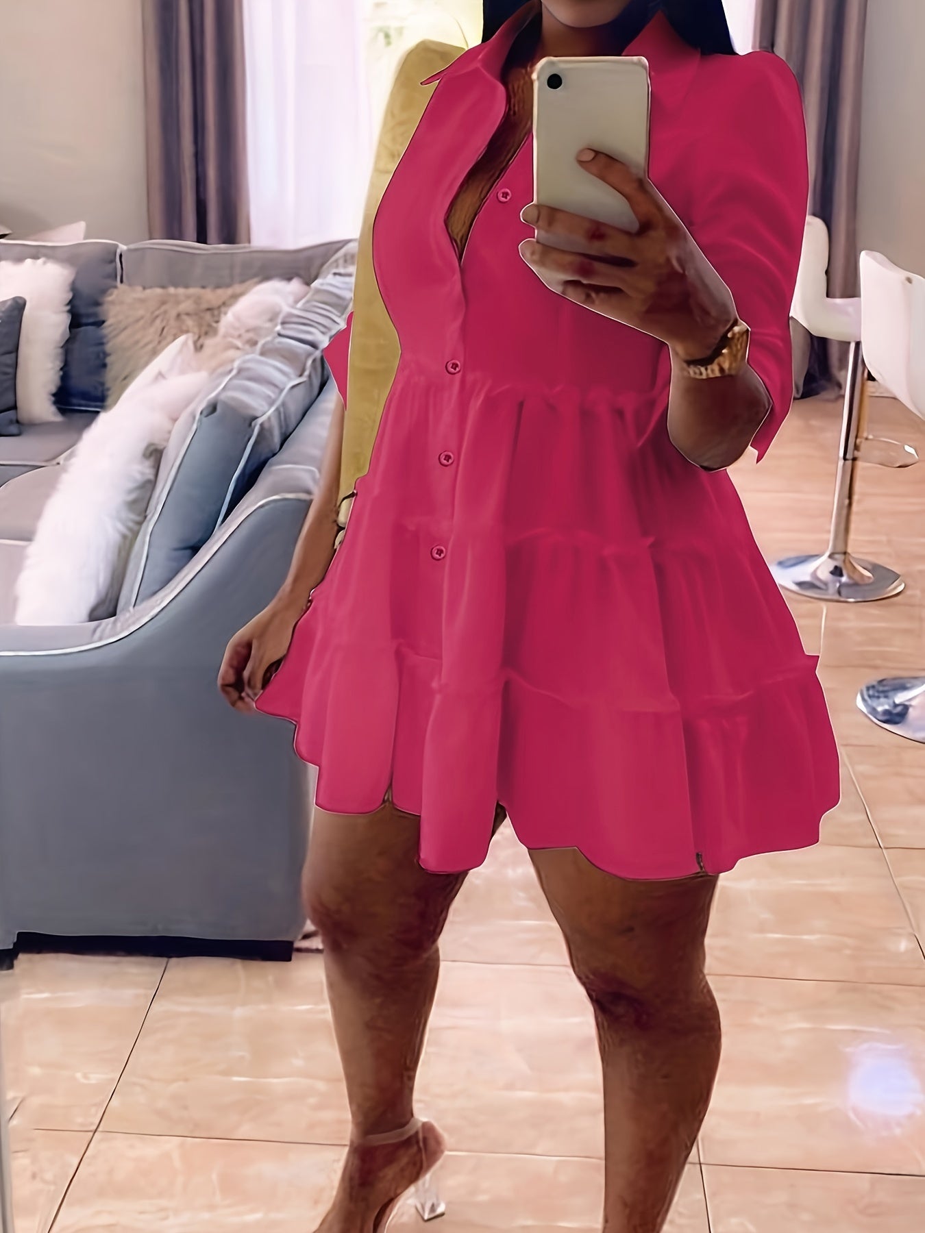 Single Elegant Half Sleeve Ruffle Trim Solid Color Shirt Dress for Spring & Summer, Women's Clothing