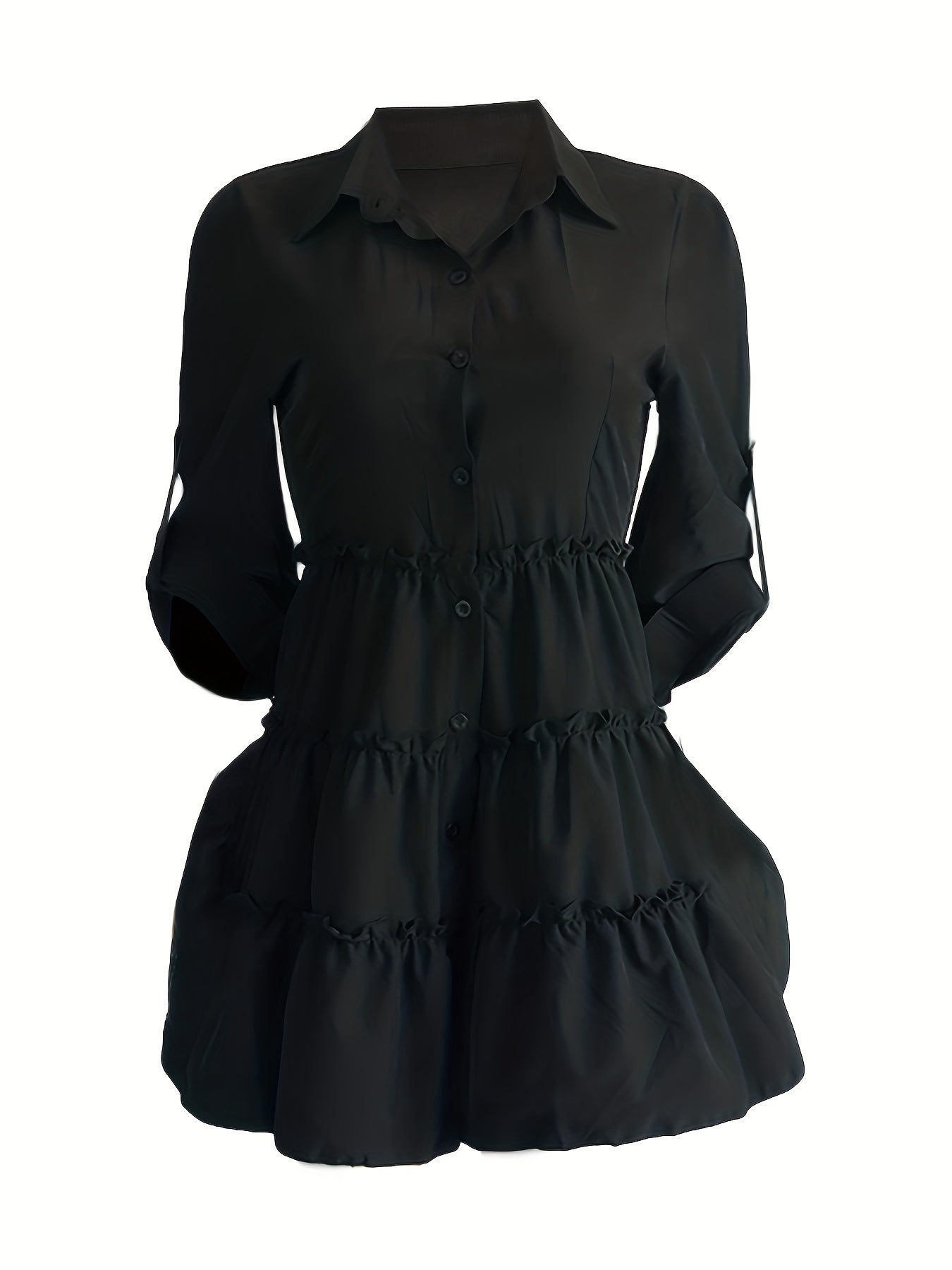 Single Elegant Half Sleeve Ruffle Trim Solid Color Shirt Dress for Spring & Summer, Women's Clothing