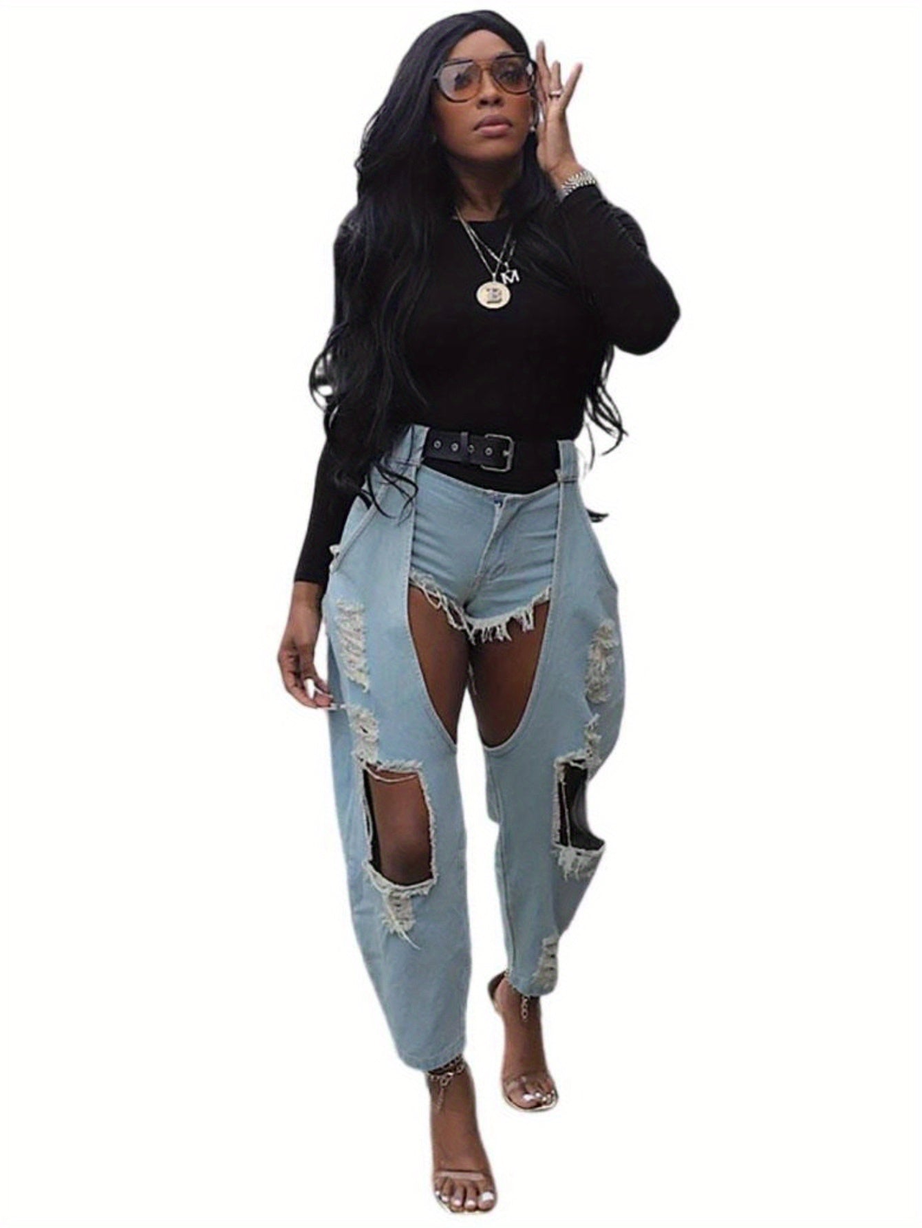 [Vintage Y2K Streetwear Jeans] Vintage Distressed Women's Y2K Streetwear Jeans | Non-See-Through Ripped Denim Pants with Button Closure, Loose Fit for Everyday & Formal Outfits - Fall/Winter Casual Pants, Fall Fashion, Street