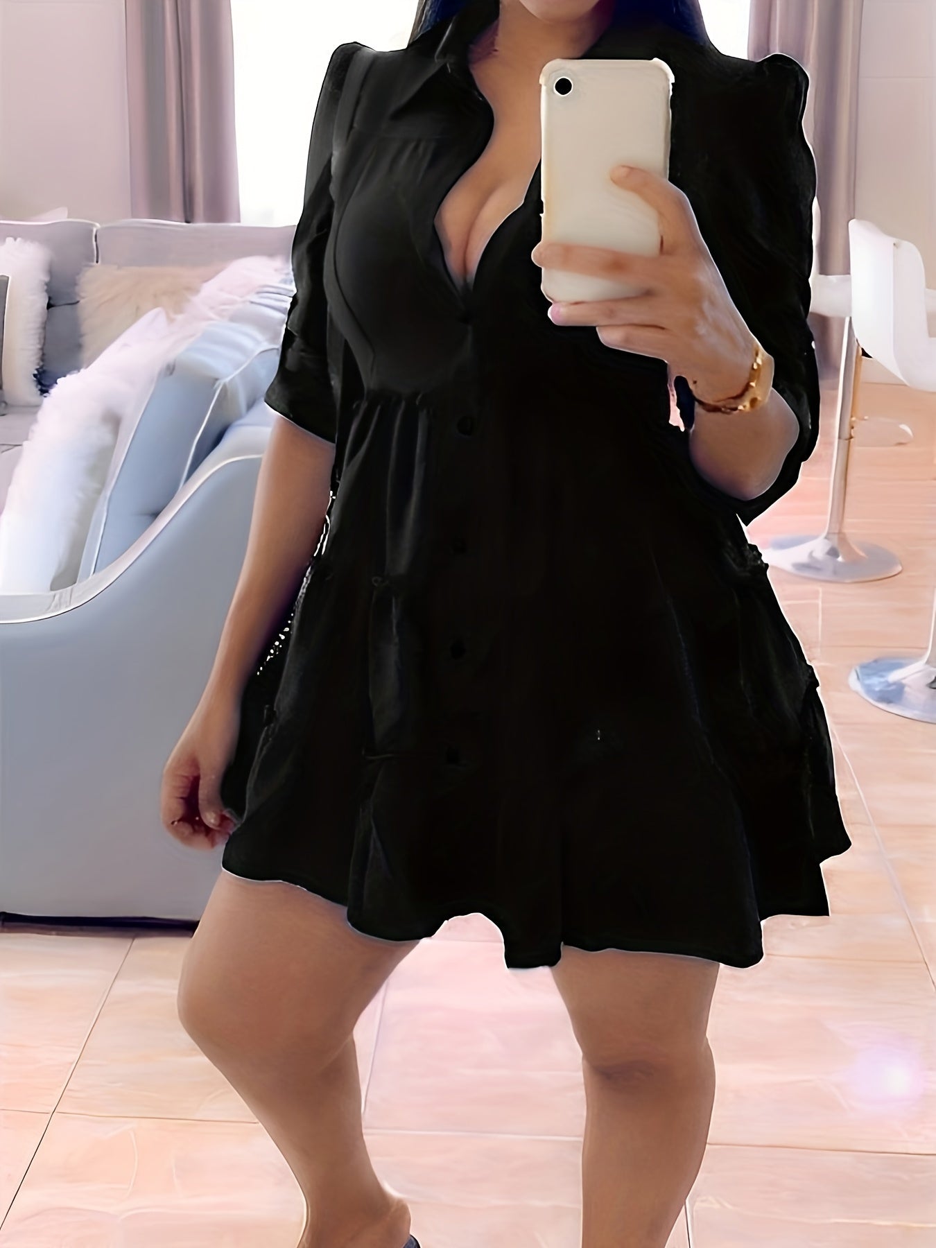 Single Elegant Half Sleeve Ruffle Trim Solid Color Shirt Dress for Spring & Summer, Women's Clothing
