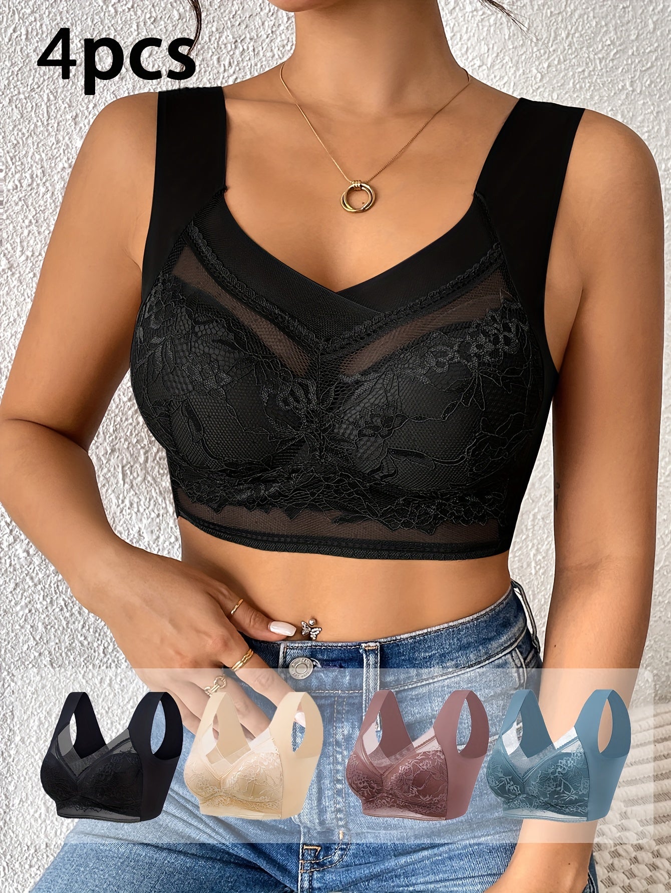 4pcs of mixed color Women's lace contrast underwear, daily bra, no steel ring underwear and bra