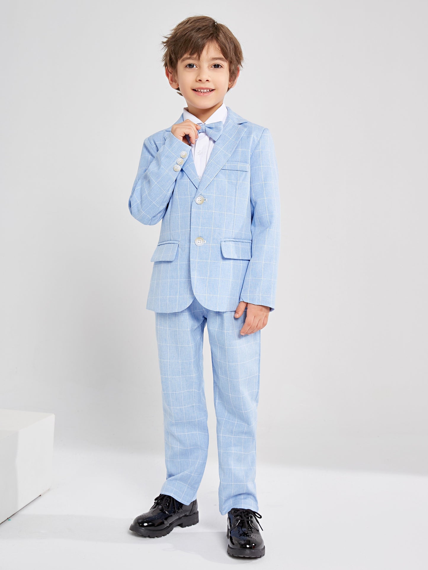 Kids' Elegant Blue Checkered Suit with Bow Tie - Perfect for Weddings and Formal Events, Slim Fit, Long Sleeve, Non-Stretch Fabric, Party Attire|Formal Attire|Slim Fit Suit