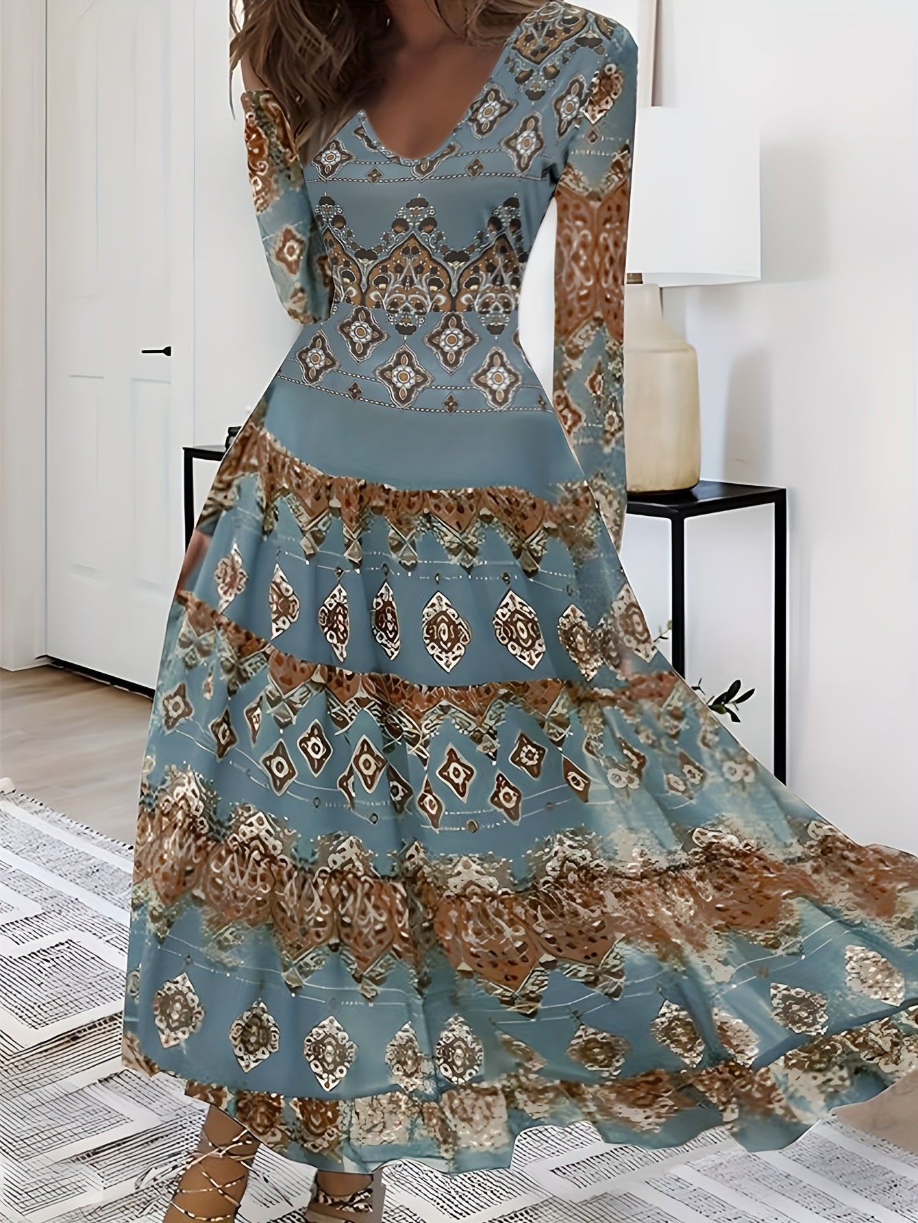 Vibrant Tribal Print Long Sleeve Vintage V Neck Dress - Stylish Women's Dresses for Spring and Fall Seasons - Comfortable, Relaxed Fit, Flattering A-Line Silhouette