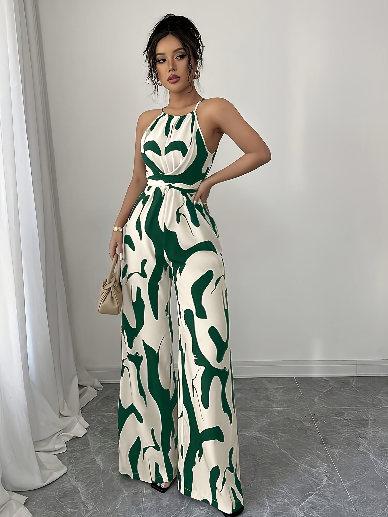 Green Women's Geometric Print Sleeveless Jumpsuit with Tie Waist and Wide Legs in White - Perfect for Night Outs, Parties, and Casual Attire, Casual Attire|Modern Casualwear|Strapless Jumpsuit