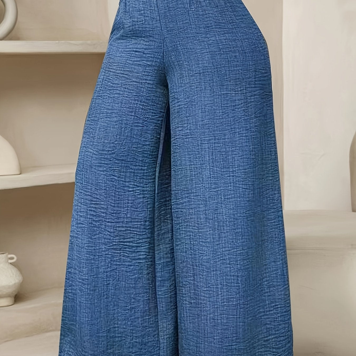 [Polyester Wide Leg Pants] Polyester Women's Wide Leg Pants, Elastic Waist, Loose Fit, Long Length | Solid Color, 100% Polyester, 200g/m², for Spring/Fall, Weekend Casual Wear