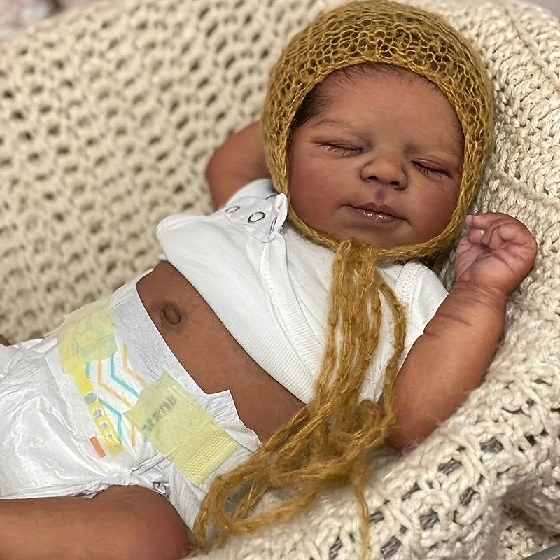 19 Inch Reborn Baby Doll- Soft Full Vinyl Body, Lifelike Newborn Sleeping Doll Dark Brown Girl, Rooted Hair, Lovely Kids Toy Gift, Realistic Alive Doll For Birthday/ Thanksgiving Day/ Christmas Gifts