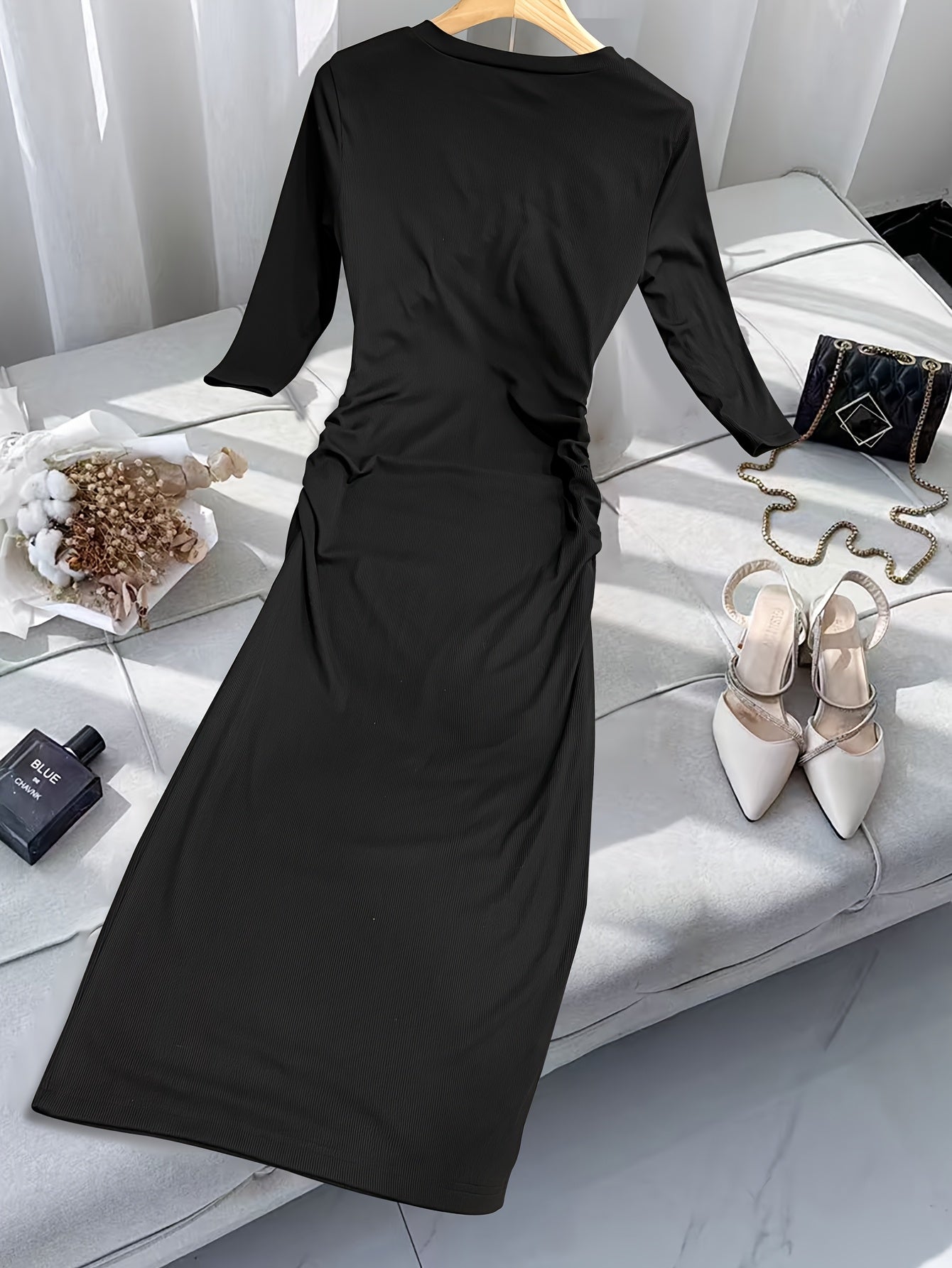 Women'S Sexy V-Neck Ribbed Dress with Asymmetrical Side Pleats and 3/4 Sleeves - Slim Fit, Long Sleeve, Solid Color, Perfect for Fall, Casual Attire|Asymmetrical Hemline| Construction