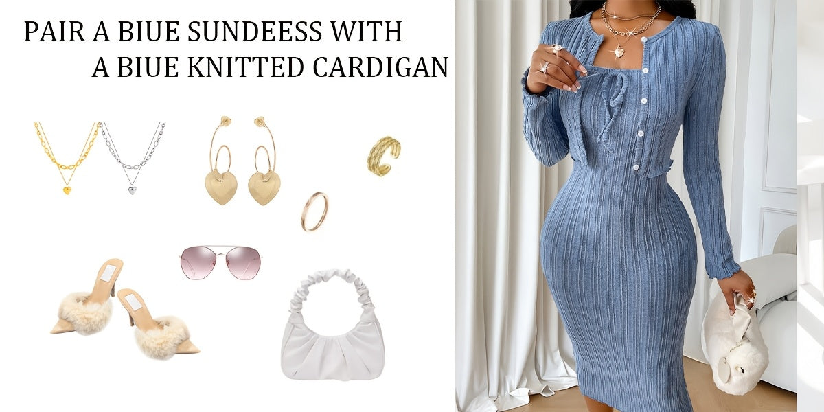 Women's Casual Simple Fashion Textured Solid Color Bow Tie Bodice Dress with Short Jacket Two Piece Set