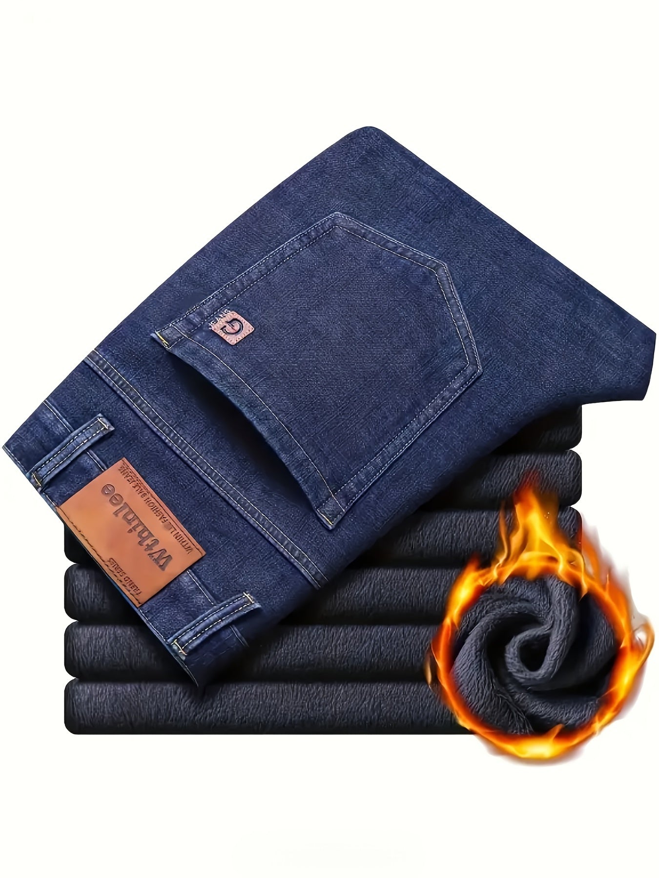 HME Men's Thermal Insulated Fleece-Like Faux Denim - Heavy-Duty Winter Pants with YKK Zipper Closure, Mid-Rise Straight-Leg Fit, Windproof & Cold-Resistant Faux Denim Trousers for Business Casual & Casual Attire, Classic Blue