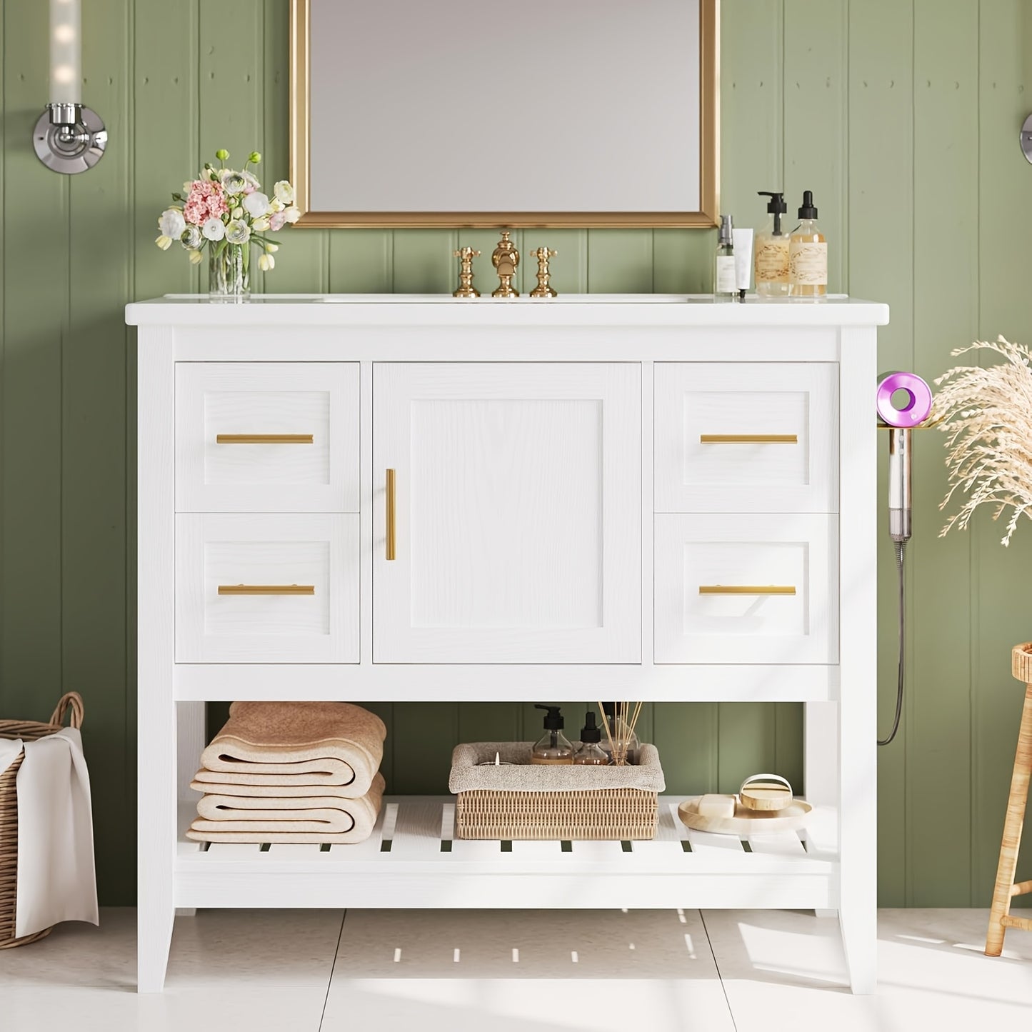 IRONCK 36" Modern Undermount Bathroom Vanity with Sink - White Wooden Cabinet with 4 Drawers, Open Shelf, Charging Station & Door Shelves, Rustic Style for Contemporary Bathrooms, Bathroom Vanity Cabinet, Bathroom Storage, Mi