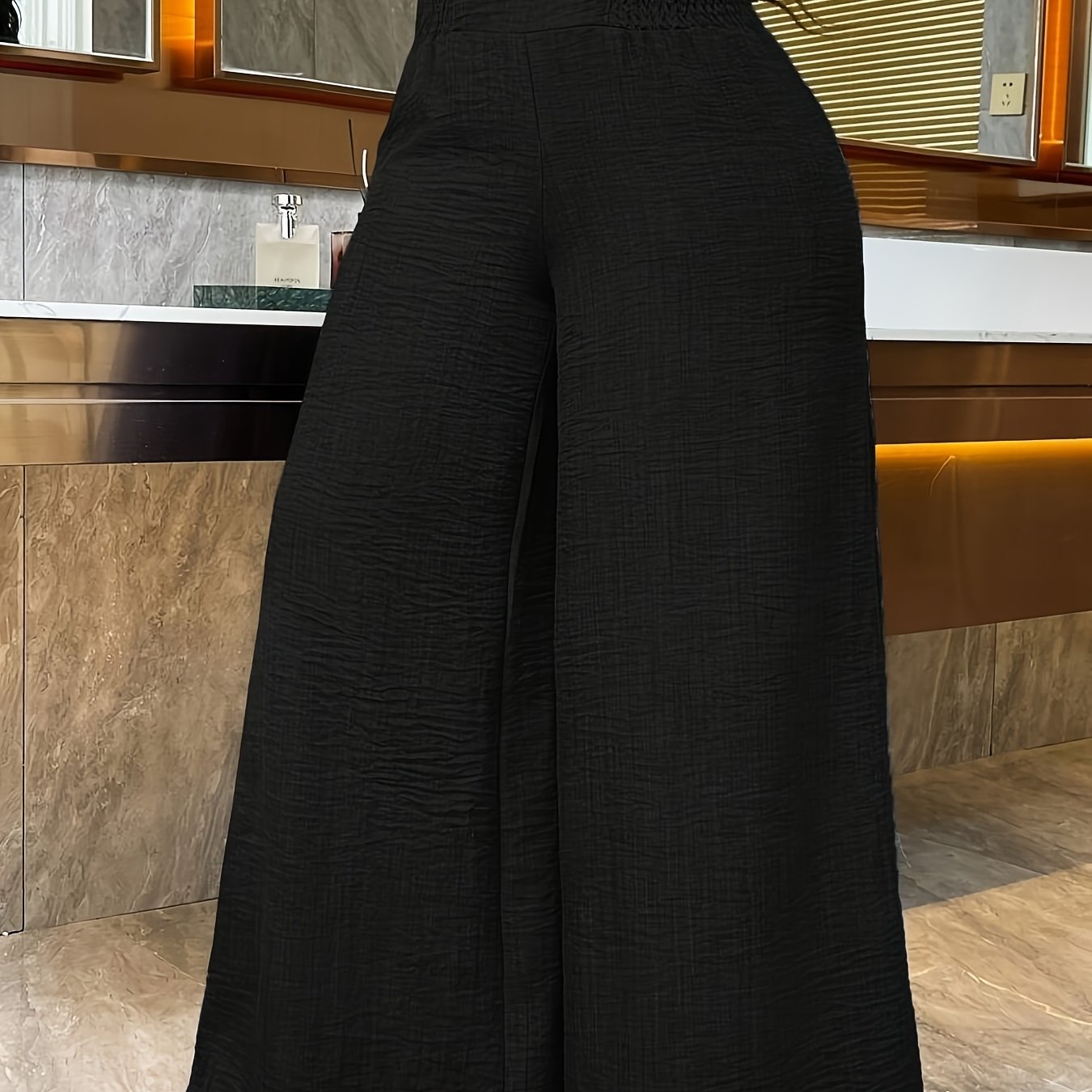 [Polyester Wide Leg Pants] Polyester Women's Wide Leg Pants, Elastic Waist, Loose Fit, Long Length | Solid Color, 100% Polyester, 200g/m², for Spring/Fall, Weekend Casual Wear
