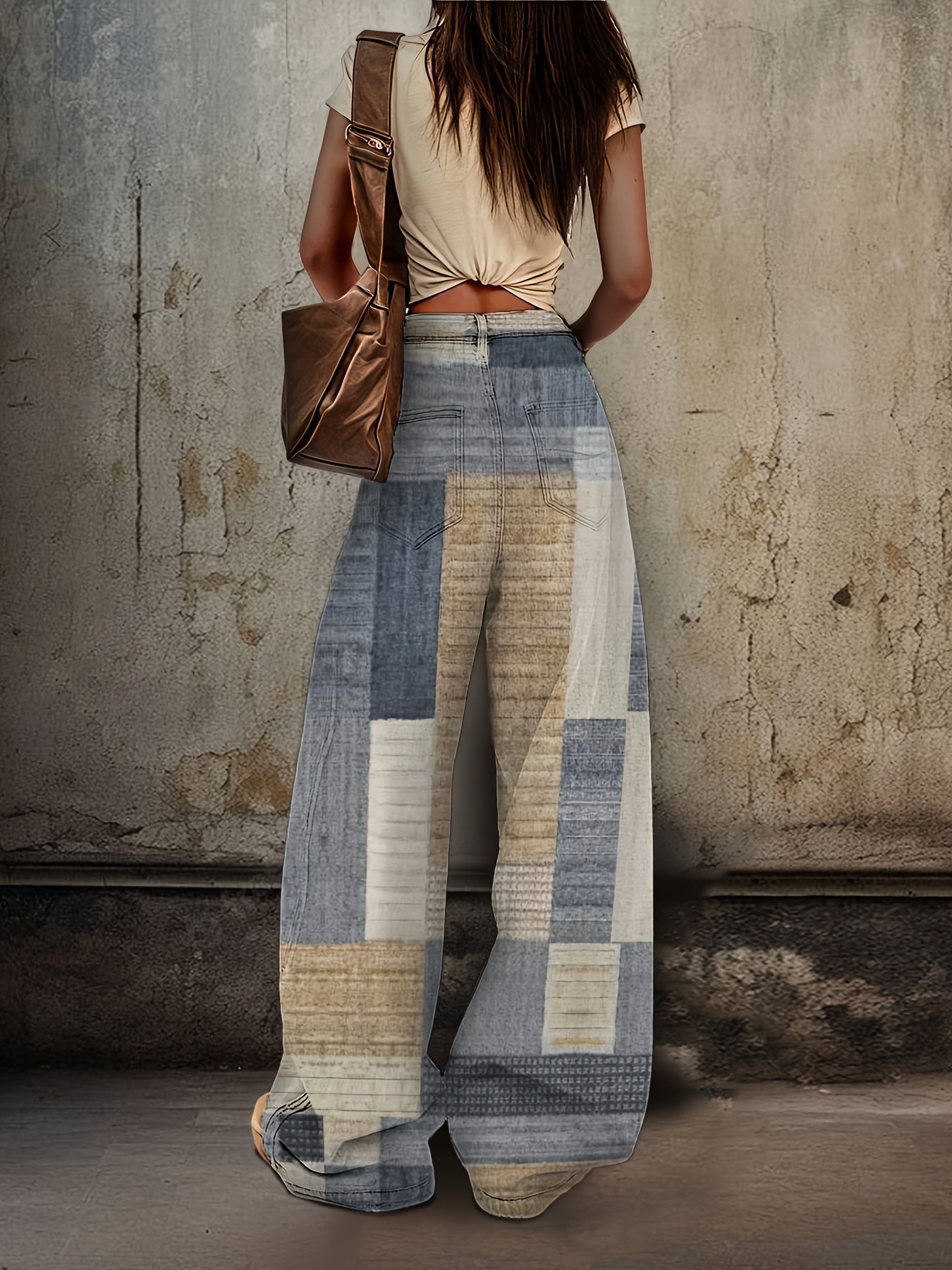 1 Pair Women's High-Waisted Loose Flared Jeans - Retro Casual Denim Pants with Creative Patchwork Print, Polyester Fabric, All-Season Comfort, Machine Washable, Ladies Jeans, Comfortable Fashion, Bellbottom Silhouette, Textur