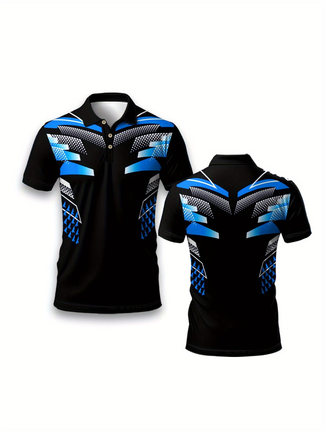 Men's Lightweight Breathable Sporty Motorcycle-Inspired Geometric Print Shirt - 100% Polyester Regular Fit Short Sleeve, Black with Blue Accents for Golf, Tennis, Casual Outings & Daily Wear | Summer Activewear, Tennis Appare
