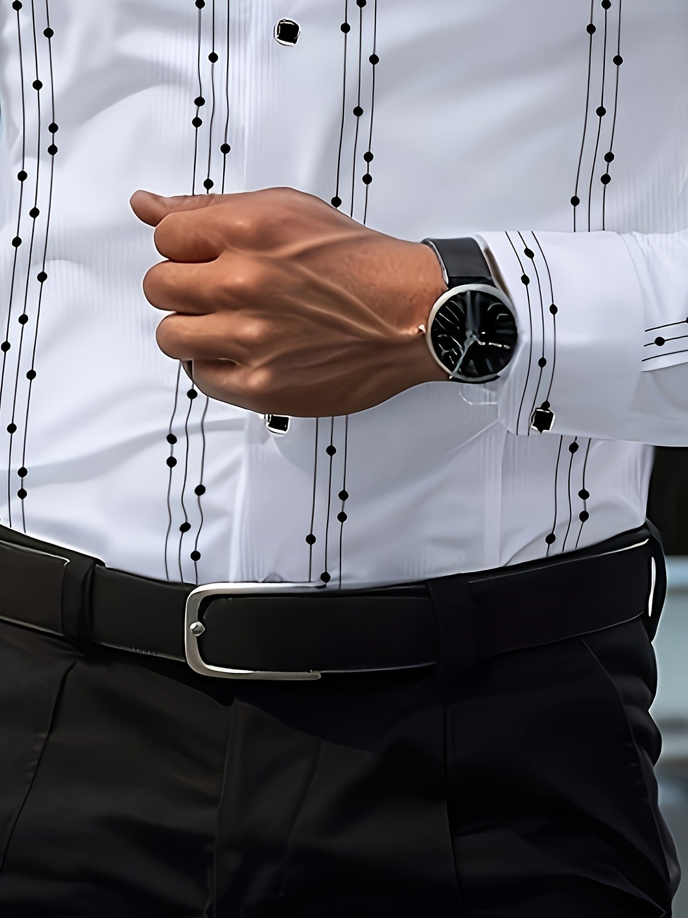 Men'S Formal Long Sleeve Shirt - Classic Black & White Vertical Stripes, Button-Up Collar Dress Shirt for Office, Party, Wedding - All-Season Professional Attire - Non-Stretch Fabric - Formal Event & Everyday Business Wear, O