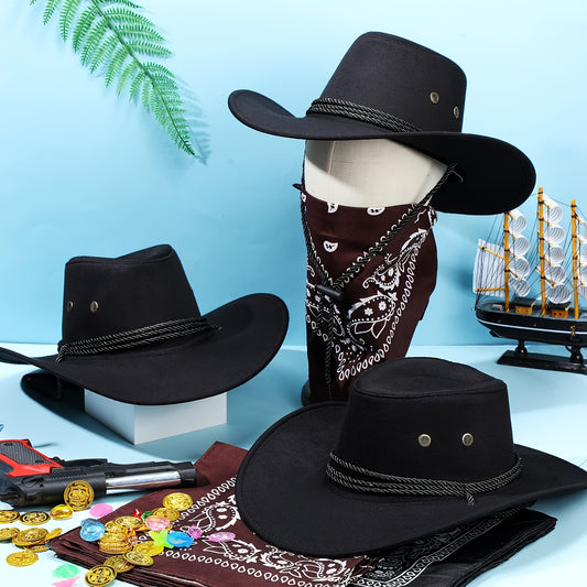 3pcs Set Of Western Cowboy Hat And Scarf, Unisex for Adults, Suitable for Costume Parties, Drawstring Closure, Ideal for Beach Leisure, Cycling, Makeup Parties, Cowboy Hat Accessories.