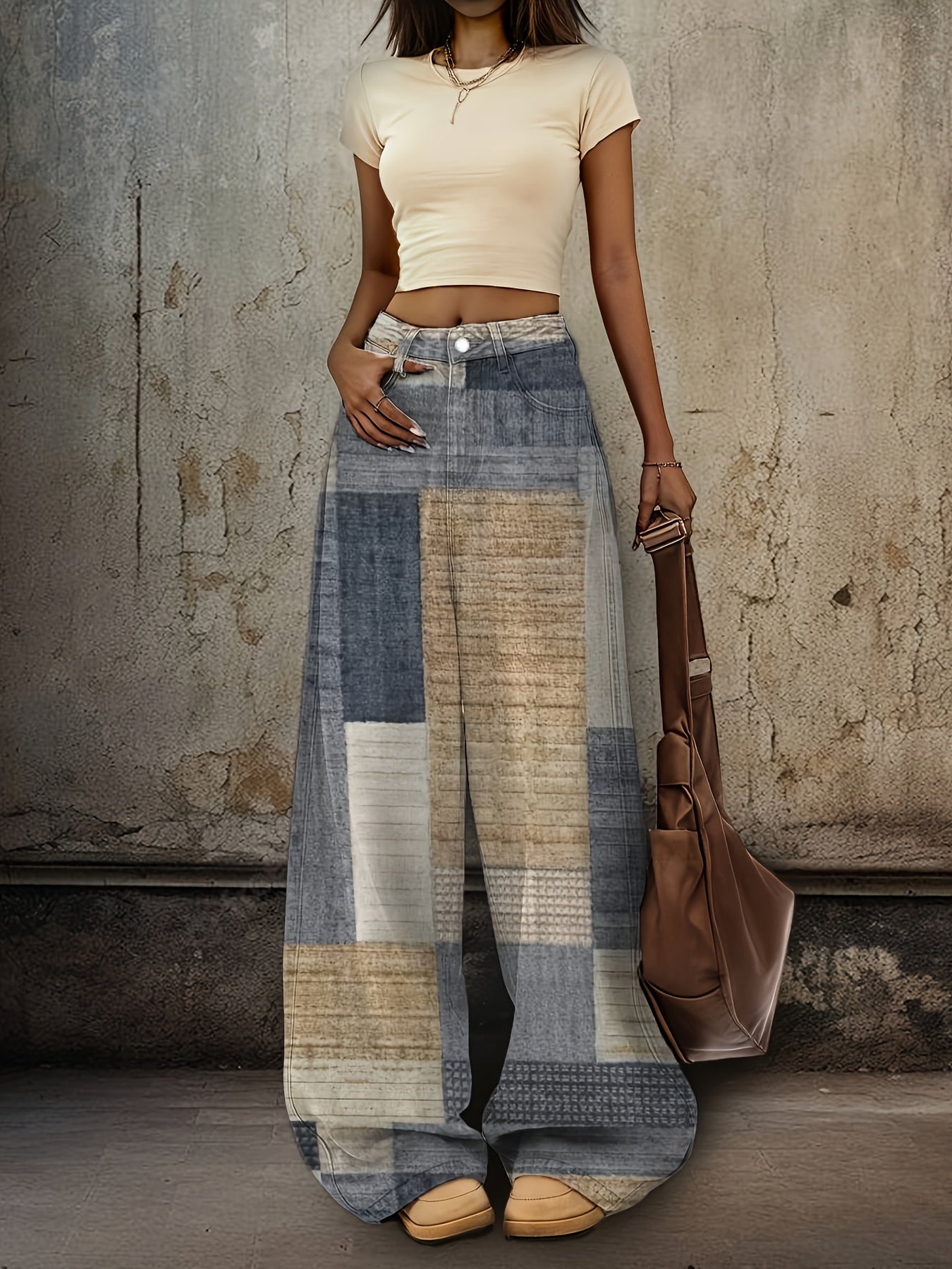 1 Pair Women's High-Waisted Loose Flared Jeans - Retro Casual Denim Pants with Creative Patchwork Print, Polyester Fabric, All-Season Comfort, Machine Washable, Ladies Jeans, Comfortable Fashion, Bellbottom Silhouette, Textur