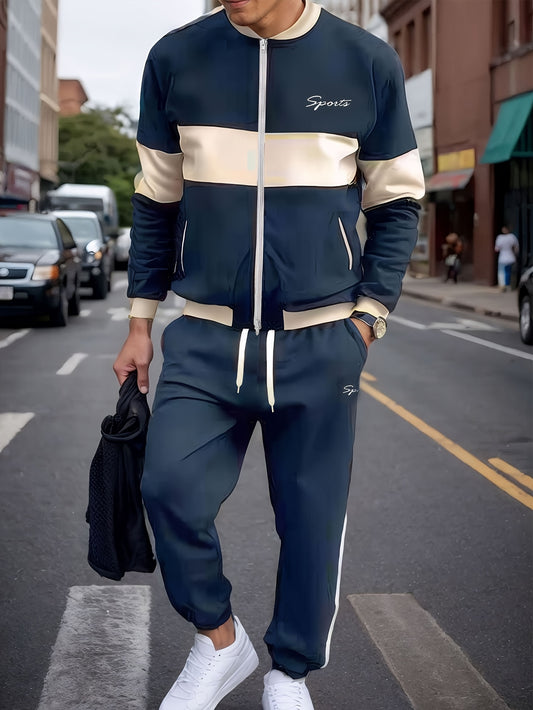 2pcs Men's Sports Outfit Set, Color Block Zip-Up Jacket And Sweatpants Jogging Pants Set, Men'S Tracksuit Set for Fall Winter