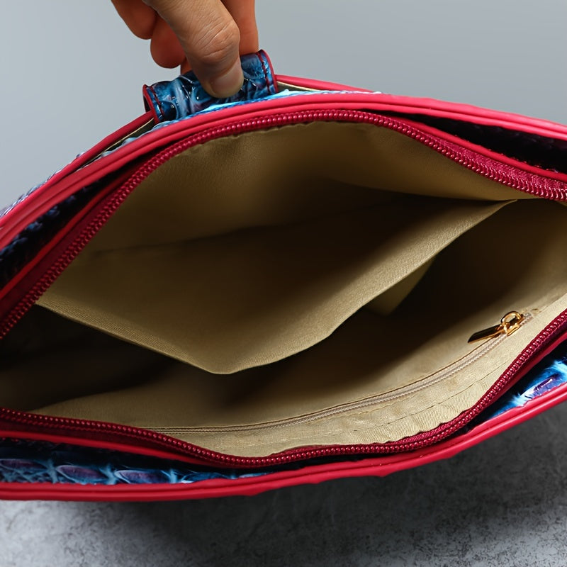 Elegant women's cross-body bag, fashionable color crocodile pattern cross-body bag, wide shoulder strap removable two-piece women's bag, safety zipper bag with coin purse