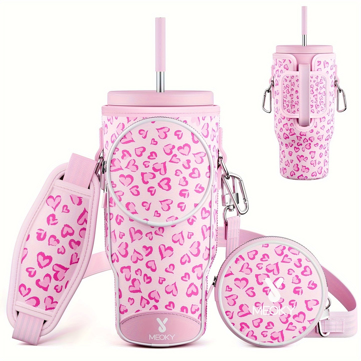 Meoky Water Bottle Carrier Bag With Phone Pocket For 40 Oz Tumbler With Handle, Neoprene Water Bottle Holder Pouch With Adjustable Strap, 2 Carabiner Clips