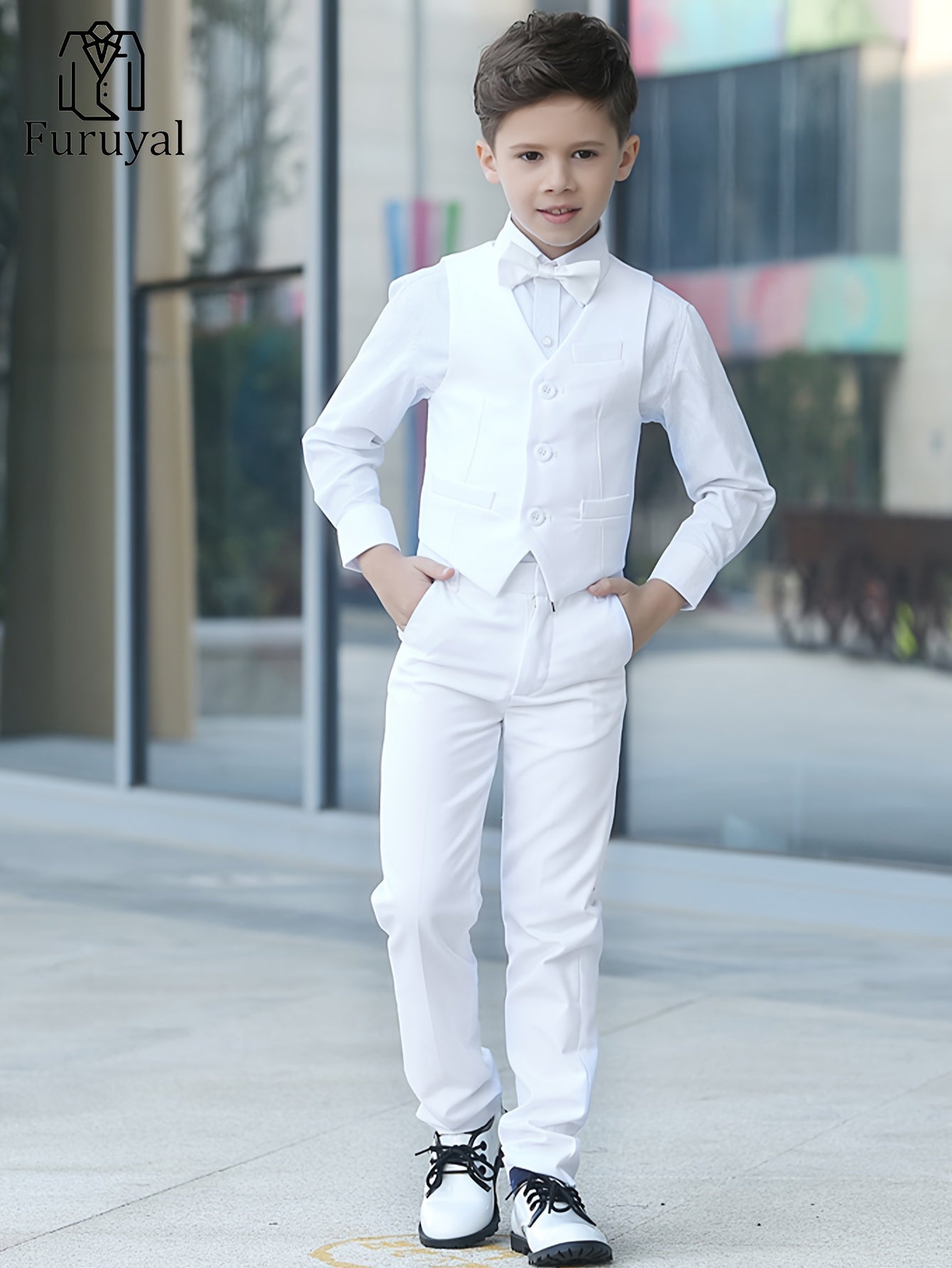 Furuyal Boys' 4pcs Formal Suit Set Vest Pants Collared Dress Shirt And Tie Boys' Suit Size 6-16Y Boys Suits Suitable For Music Festival Graduation Season Party