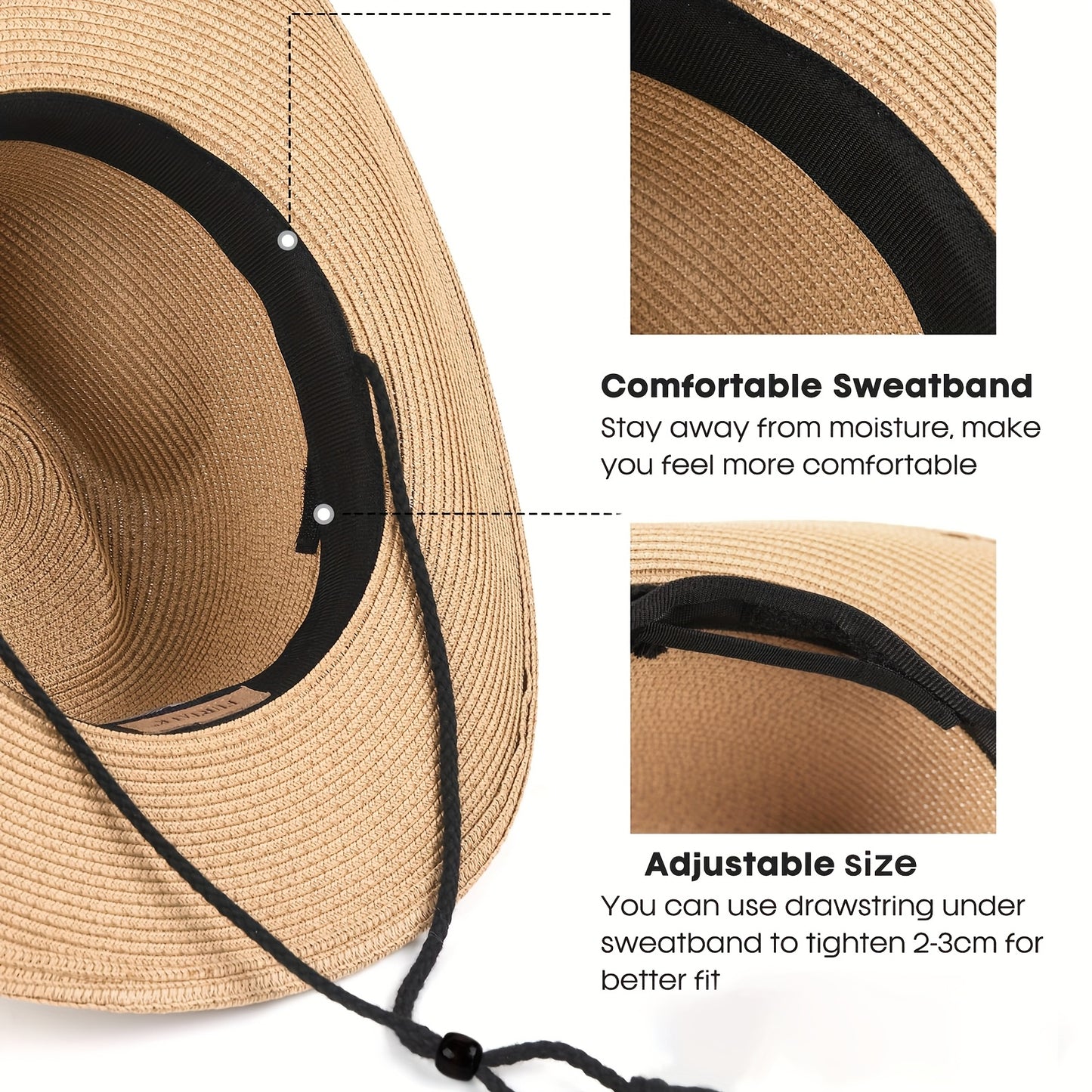 Adjustable Western Cowboy Hat with Wind Rope Closure - Foldable Lightweight Breathable for Beach, Outdoor & Travel - All-Season Comfort