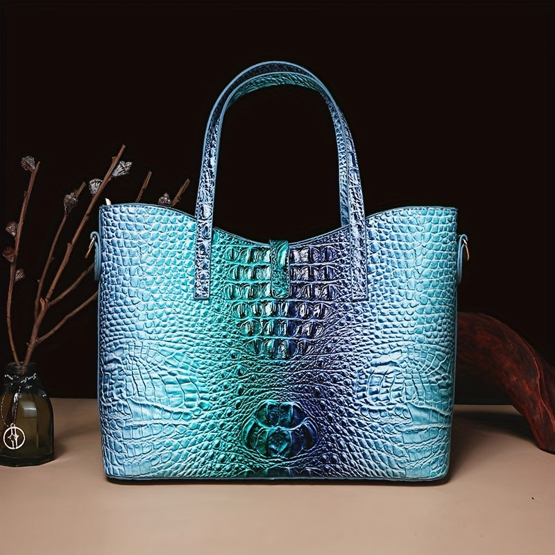 3pcs Set: Colorful Crocodile Pattern Large Capacity Faux Leather Tote & Crossbody Bags With Matching Wallet Combo, Christmas, Mother'S Day Gifts, Halloween Gifts