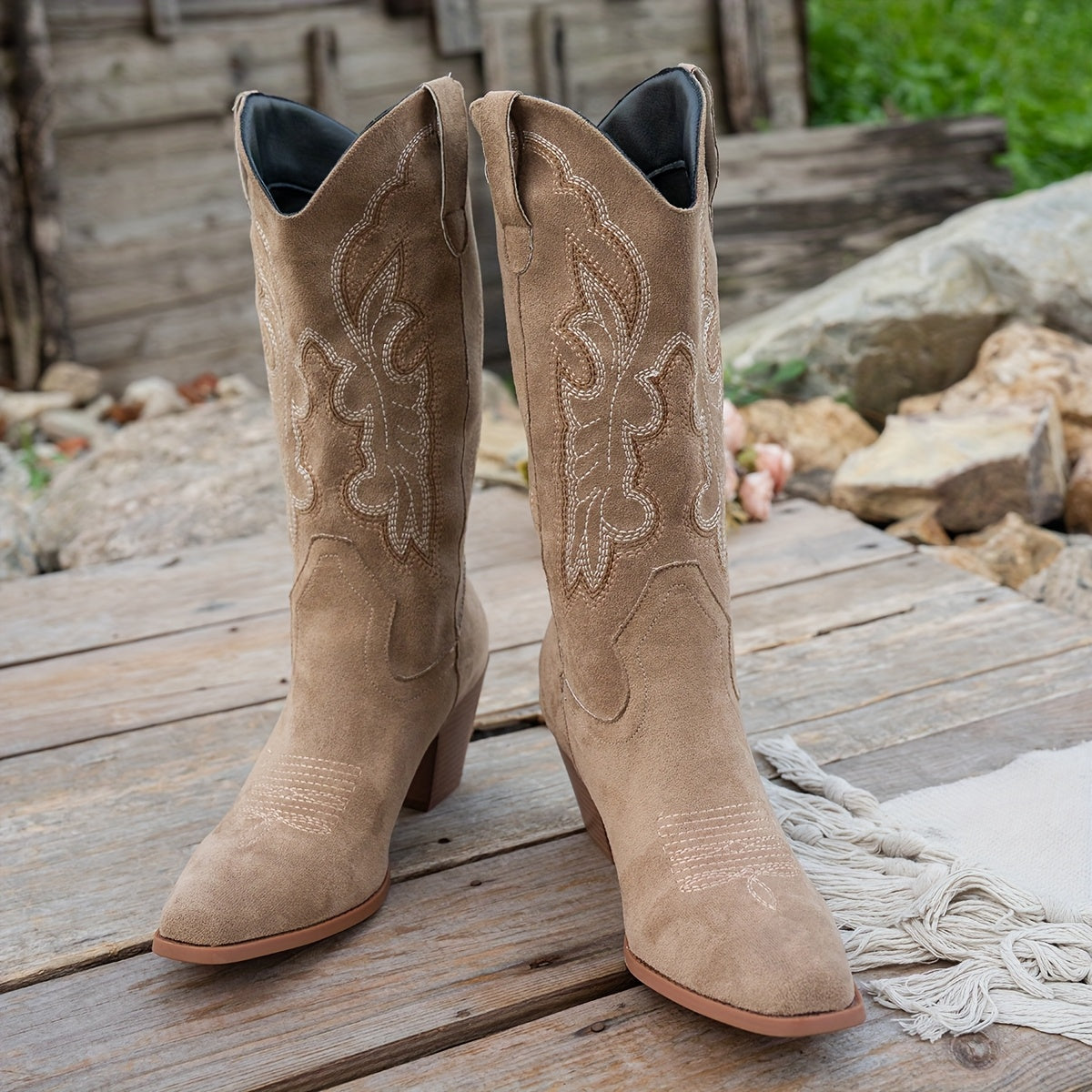 Women's Western Boots - Slip-On Chunky Heel Cowboy Boots, Beige/, Non-Slip TPU Sole for Western, Formal, Everyday - Easy-Clean Women's Footwear, Casual Wear, Square Toe Design, Soft Fabric Lining, Fashionconscious Women