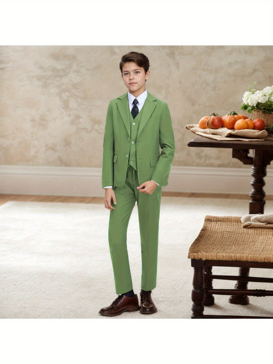 6-12 Years Old Boys' 3pcs Suit Set (Jacket+Vest+Pants), Khaki/ Olive Green, Wedding/ Party Flower Boy Attire