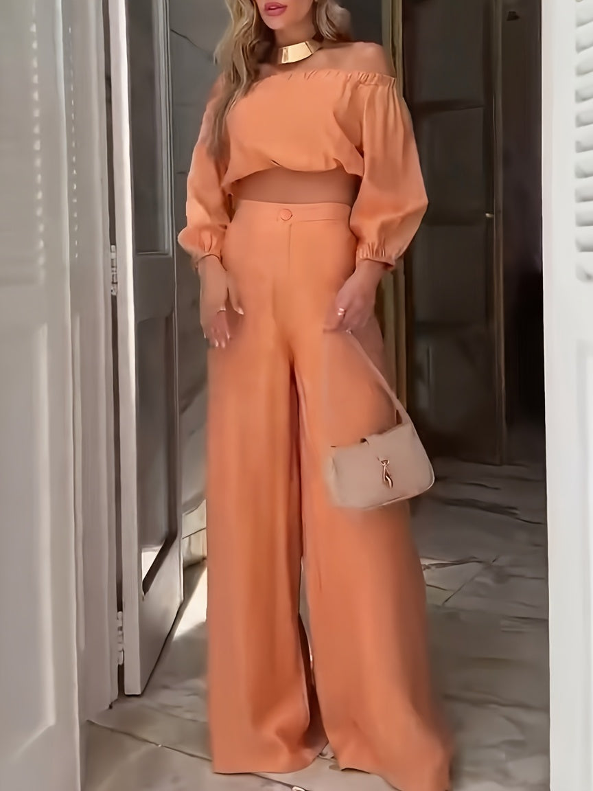 European and American Style Spring/Autumn One-Shoulder Short Top High-Waisted Wide Leg Pants Set Casual Fashion Two-Piece