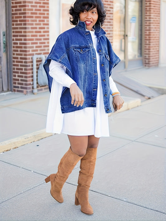 Fashionable Women'S New Denim Coat with Cape and Hood
