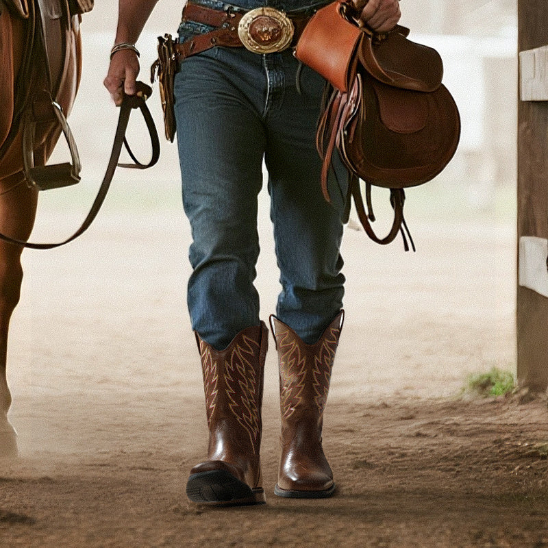 Bruno Marc Men's Slip-On Western Cowboy Boots with Chic Cloud Pattern & Orange Flame-like Toe - Non-Slip TPR/Rubber Sole, Comfortable PU Upper, Retro Square Toe - All-Terrain Riding, Masquerade & Party Boots for Men (Easy Sli