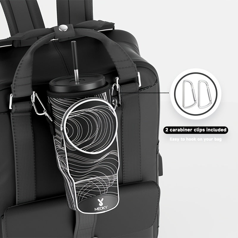 Meoky 1pc Water Bottle Carrier Bag With Phone Pocket For 40 Oz Tumbler With Handle, Neoprene Water Bottle Holder Pouch With Adjustable Strap, 2 Carabiner Clips