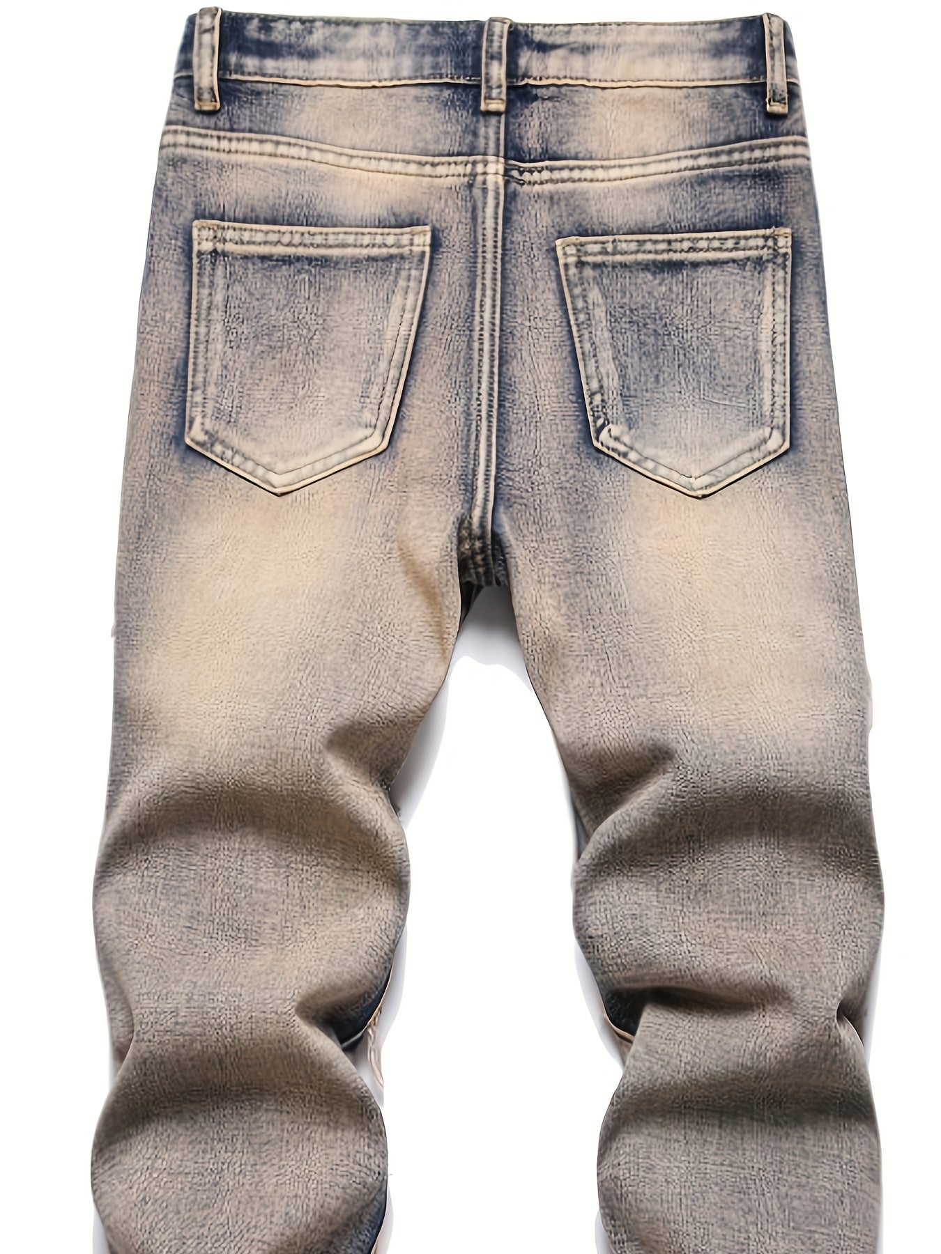 HME Men's Heavy Washed Vintage Blue Jeans - 3D Fringe Hem & Tassel Details, Mid-Rise Stretch Slim-Fit Straight Leg with Inner Lining, All-Season Streetwear Denim Pants (Machine Washable)