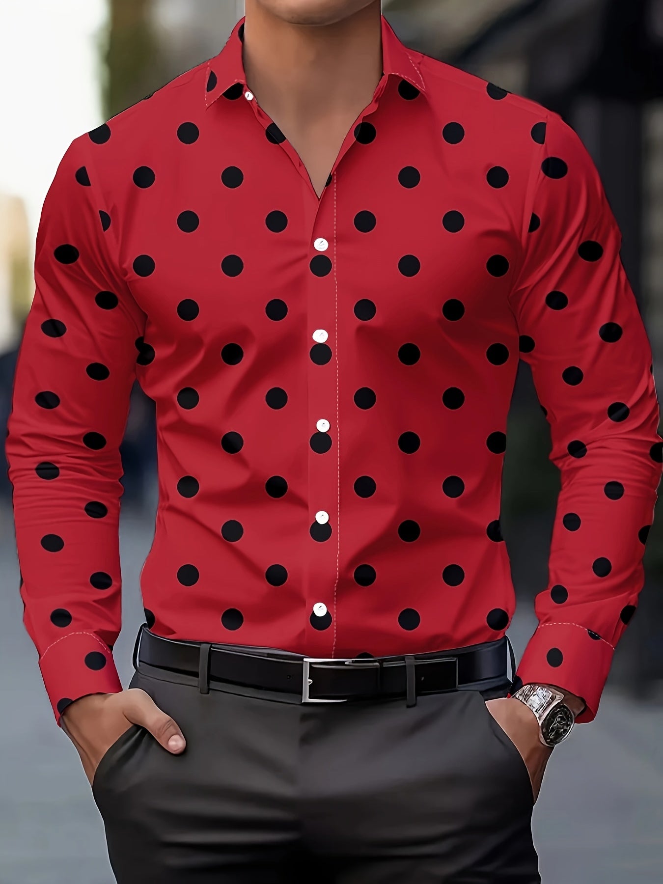 [Men's Casual Shirt] Men's Casual Shirt - Red & Black Polka Dot Print, Machine Washable Non-Elastic Fabric, Classic Button Front, Regular Fit Long Sleeve for Spring/Autumn Outdoor & Casual Wear, Seasonal Fashion, Straight Sle