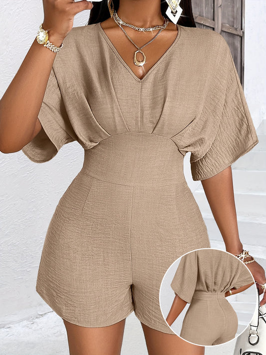 Women'S V-Neck Jumpsuit - Polyester Blend, Solid Color, Short Sleeve, Beltless, Woven Fabric, Regular Fit for Summer Outings, Casual Outfit|Minimalist Style|Woven Texture, Cute Overalls