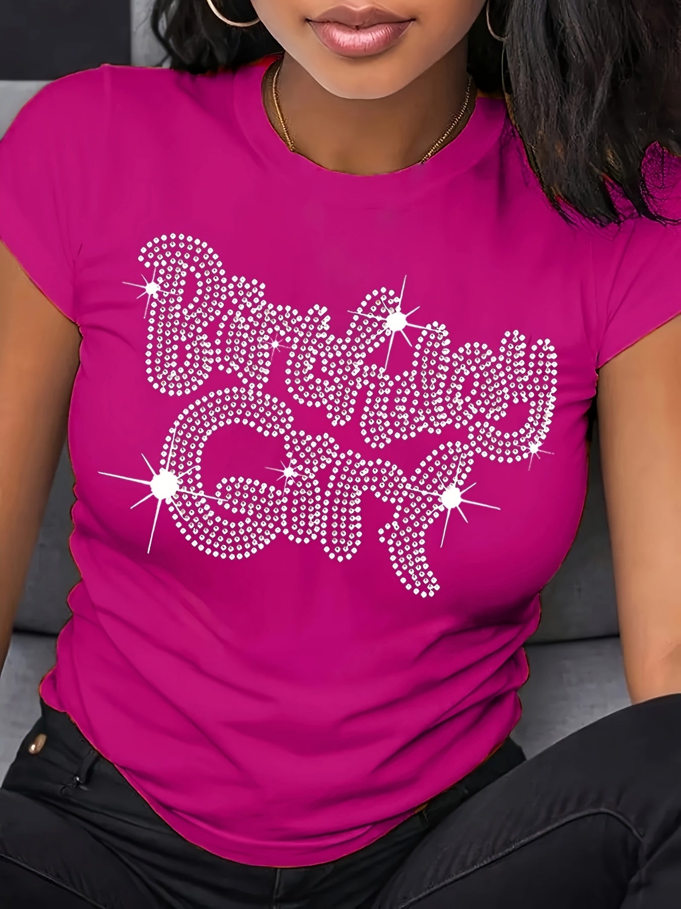 Celebratory Shine] Women's Sparkling Rhinestone "Birthday Girl" Graphic T-Shirt - Soft Polyester Knit, Crew Neck, Short Sleeve, Glittery Letter Print, All-Season Casual Wear, Festive Attire | Casual Crew Neck | Comfortable Fi