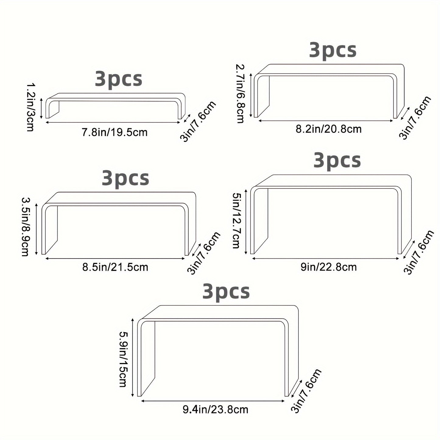 15pcs Clear Acrylic Risers for Display - Multi-Purpose, Durable, Easy-to-Use Stands for Funko Pop, Cupcake, Jewelry, Christmas Decorations, and More (Multiple Sizes)