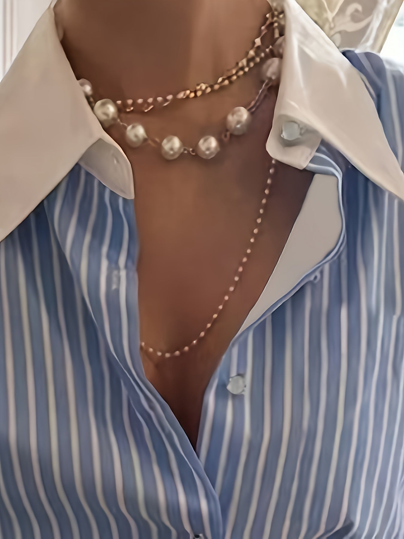 Gavin Women's Casual Long Sleeve Shirt - Blue & White Striped Button-Up Blouse with Pointed Collar, Relaxed Fit, Machine Washable, All-Season Versatile Top, Seasonal Fashion | Classic Collared Blouse | Goldtone Accents
