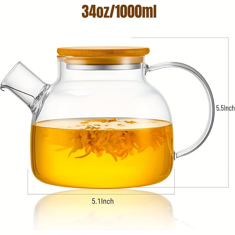 1000/1800ml Glass Water Kettle, Suitable for Stove, with Removable Strainer Mouth, Equipped with Spout, Lid and Handle, Suitable for Brewing Loose Leaf and Herbal Tea, Can Hold Juice, Milk, Beverages, Transparent Hot and Cold
