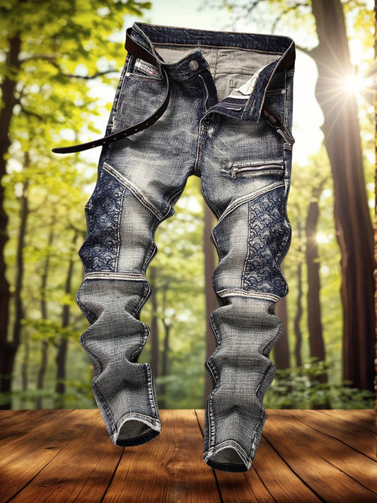 A Men'S Retro Straight-Leg Jeans Suitable All Seasons. It Features Embroidery And Splicing Designs, Offers a Slimming Fit, High-Quality Texture, And Is Soft And Comfortable to Wear.