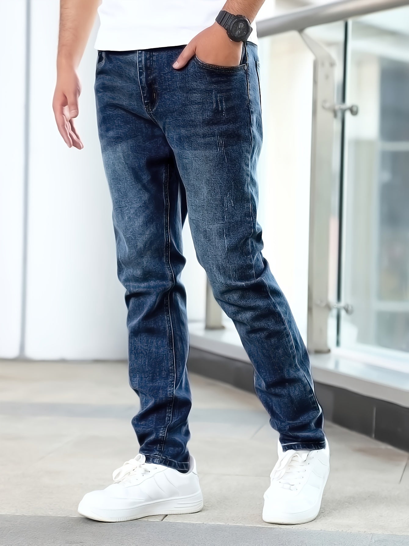 Men'S Jeans Slim Blue Stretch Men'S Simple Casual Small Straight Business Men'S Pants, Suitable For All Seasons