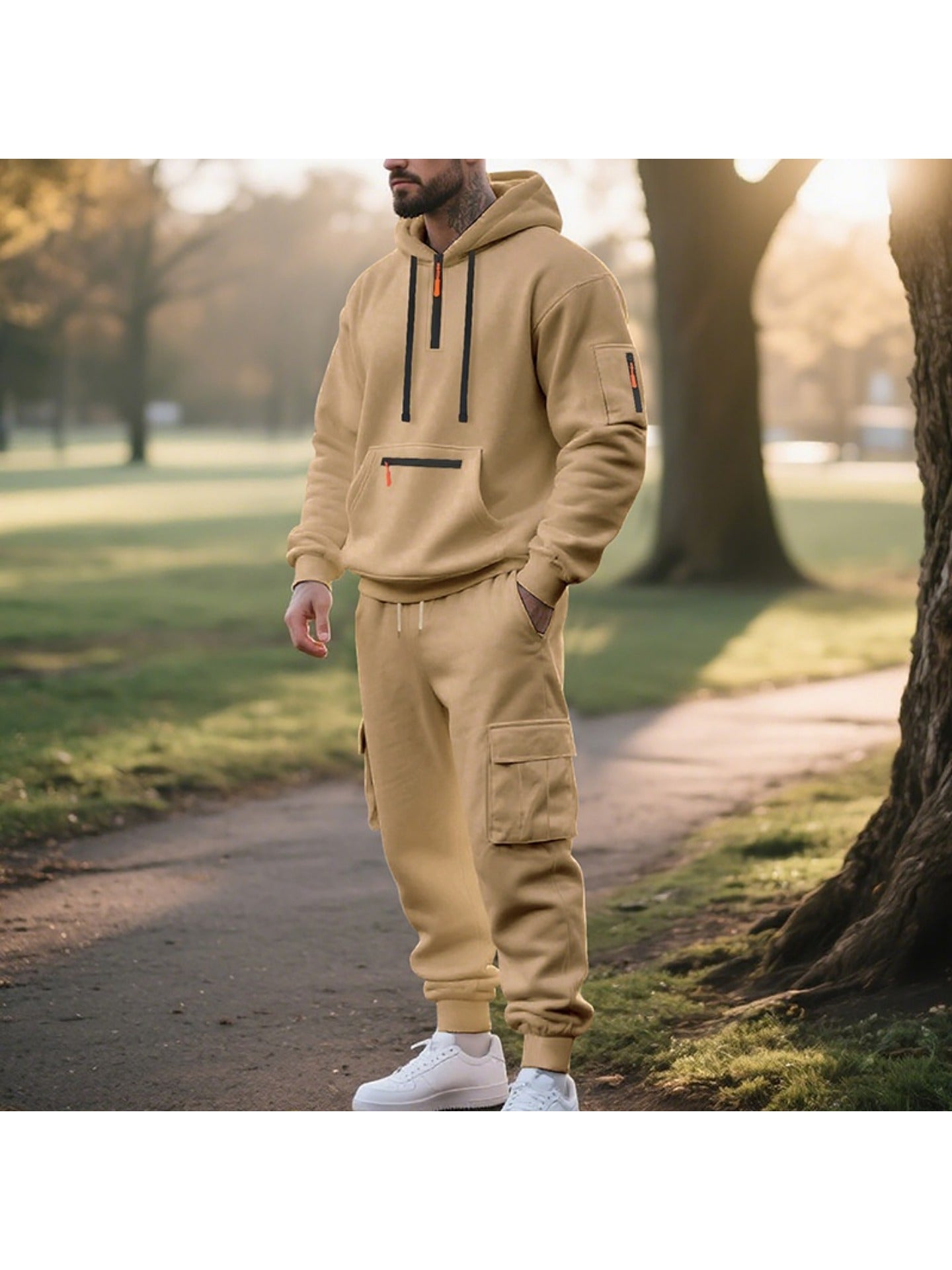 1 Set 2pcs Men's Athletic Casual Tracksuit - Fleece Lined Hooded Long Sleeve Pullover Sweatshirt & Pocketed Sports Pants, Warm Fleece Lining with Breathable Fabric, Perfect for Daily Wear, Outdoor Activities, Home Leisure - M