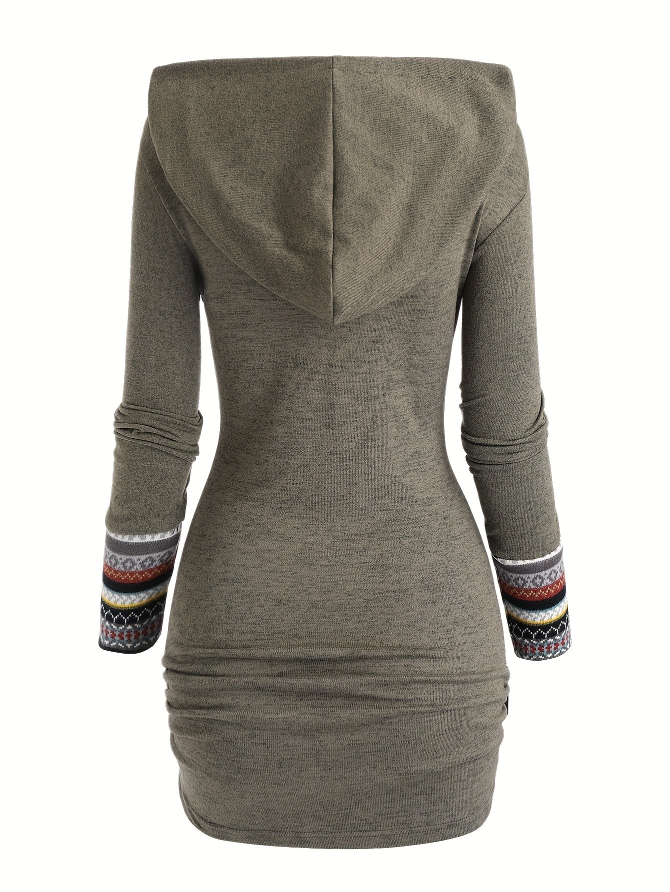 [Tribal Hooded Dress] Polyester Women's Tribal Geometric Stripe Patchwork Hooded Knit Dress | Long Sleeve Bodycon, Casual Style, 95% Polyester 5% Spandex, All Season, 240g/m² Knit Fabric, with Fake Buttons Detail